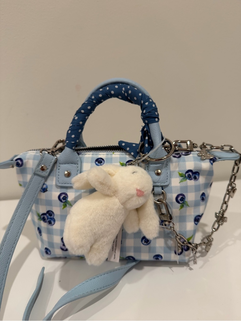 Madden Girl Light Blue Gingham Mini Satchel with Blue Floral Print